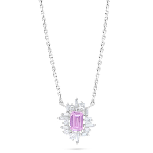 Sterling Silver 925 Necklace Rhodium Plated Embedded With Pink Zircon And White Zircon