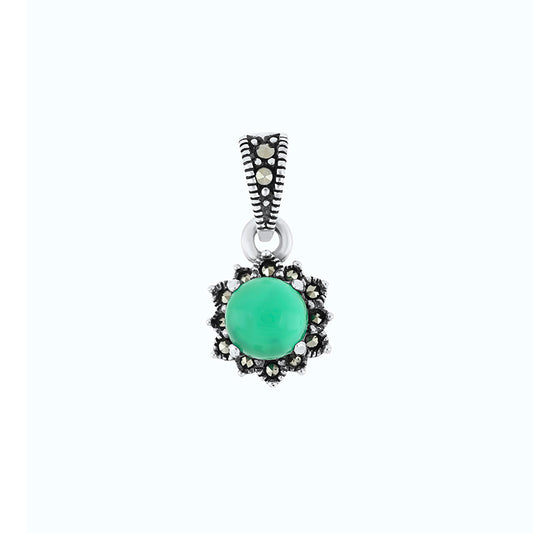 Sterling Silver 925 Pendant Embedded With Natural Green Agate And Marcasite Stones