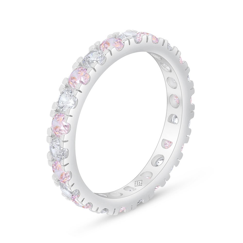 Sterling Silver 925 Ring Rhodium Plated Embedded With Pink Zircon And White Zircon