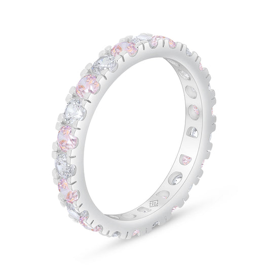 Sterling Silver 925 Ring Rhodium Plated Embedded With Pink Zircon And White Zircon