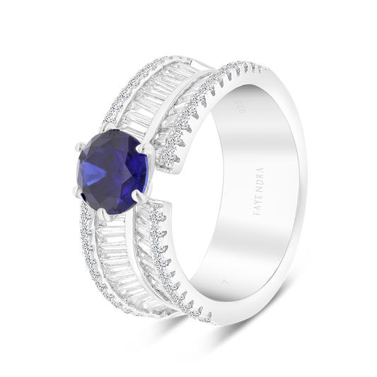 Sterling Silver 925 Ring Rhodium Plated Embedded With Sapphire Corundum