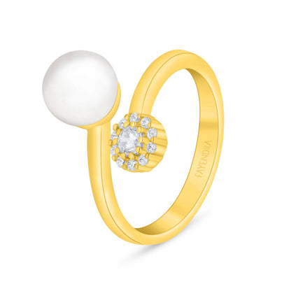Sterling Silver 925 Ring Golden Plated Embedded With Natural White Pearl And White Zircon