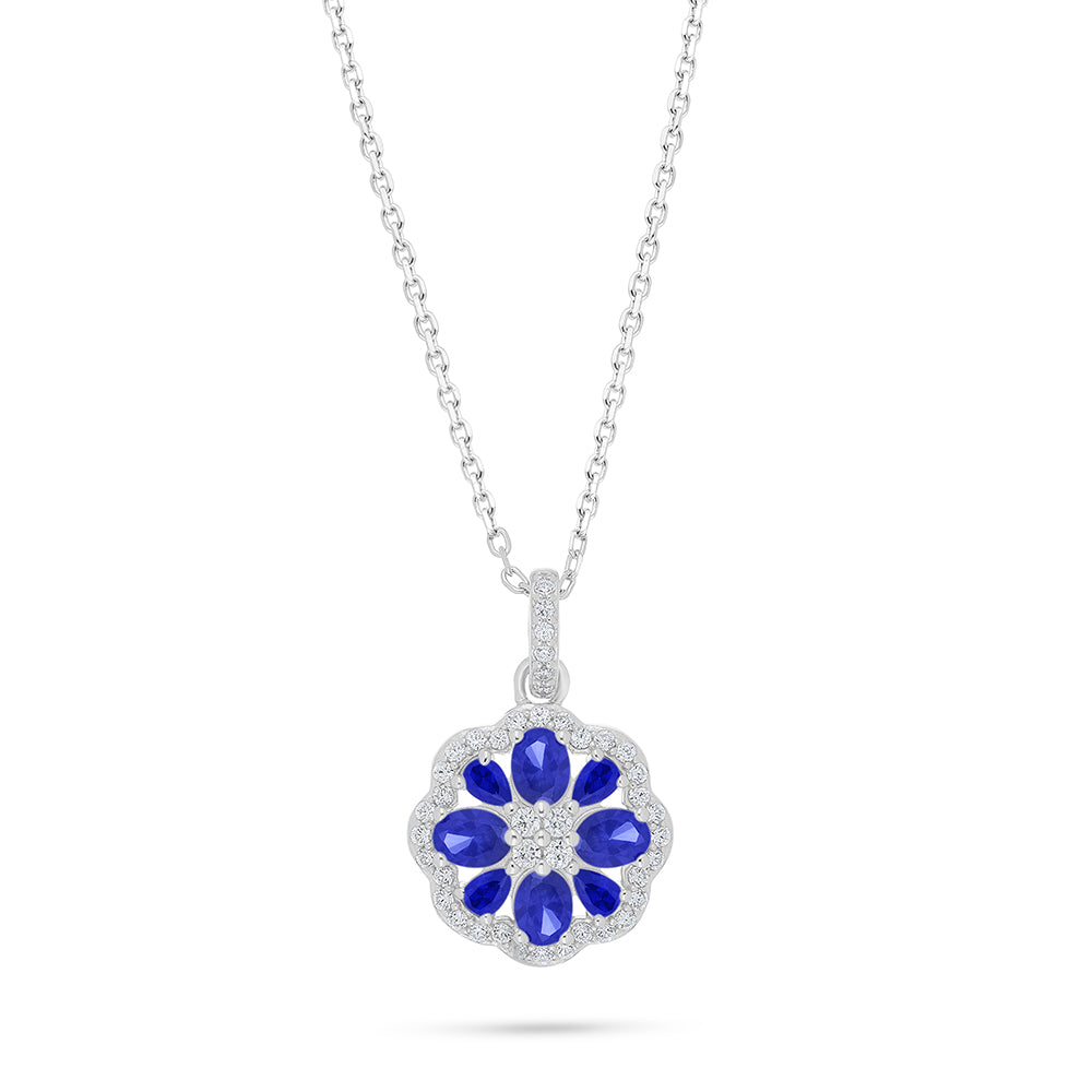 Sterling Silver 925 Necklace Rhodium Plated Embedded With Sapphire Corundum And White Zircon