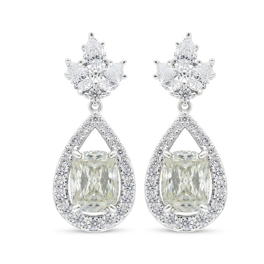 Sterling Silver 925 Earring Rhodium Plated Embedded With Yellow Diamond And White Zircon