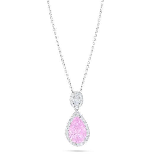 Sterling Silver 925 Necklace Rhodium Plated Embedded With Pink Zircon And White Zircon