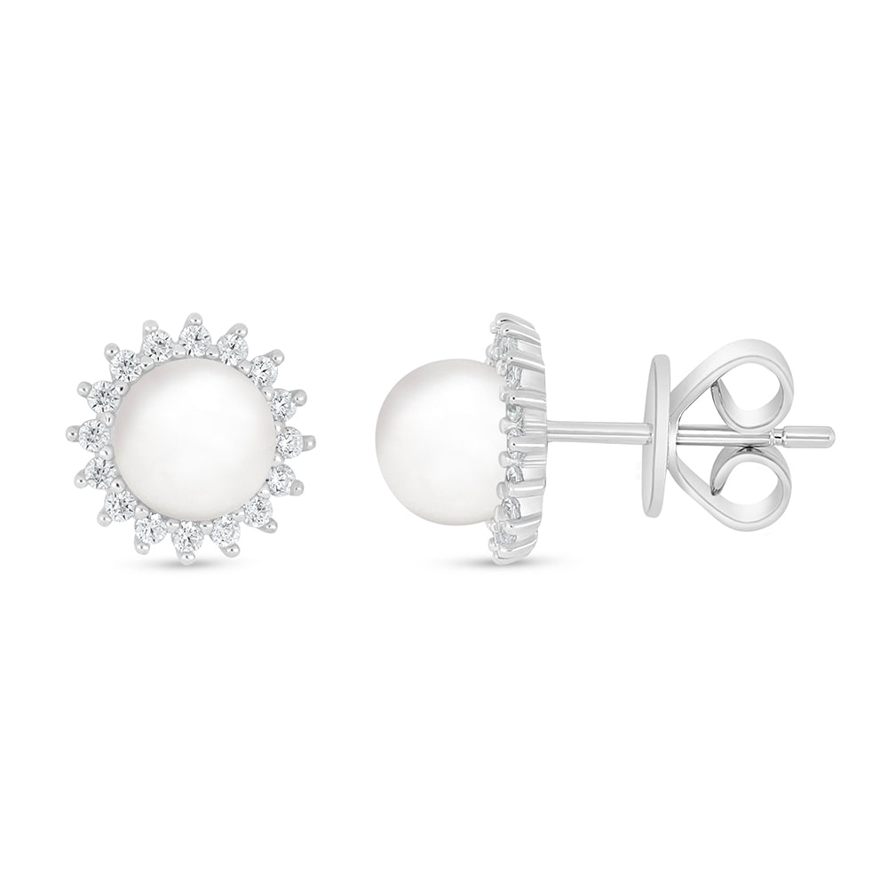 Sterling Silver 925 Earring Rhodium Plated Embedded With Natural White Pearl And White Zircon