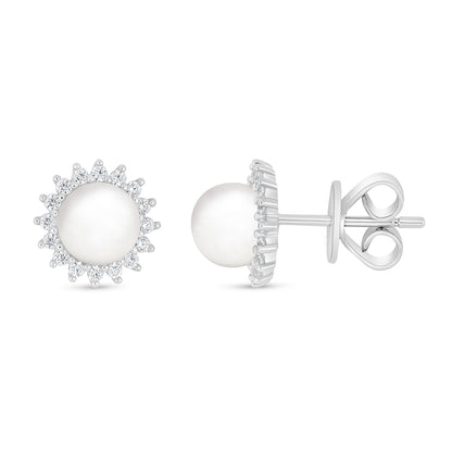 Sterling Silver 925 Earring Rhodium Plated Embedded With Natural White Pearl And White Zircon