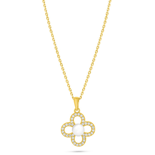 Sterling Silver 925 Necklace Golden Plated Embedded With Natural White Pearl And White Zircon