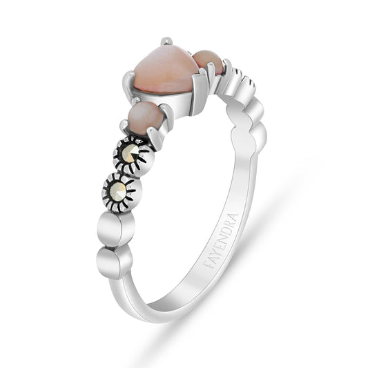 Sterling Silver 925 Ring Embedded With Natural Pink Shell And Marcasite Stones