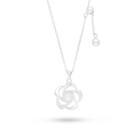 Sterling Silver 925 Necklace Rhodium Plated Embedded With Natural White Pearl And White Zircon