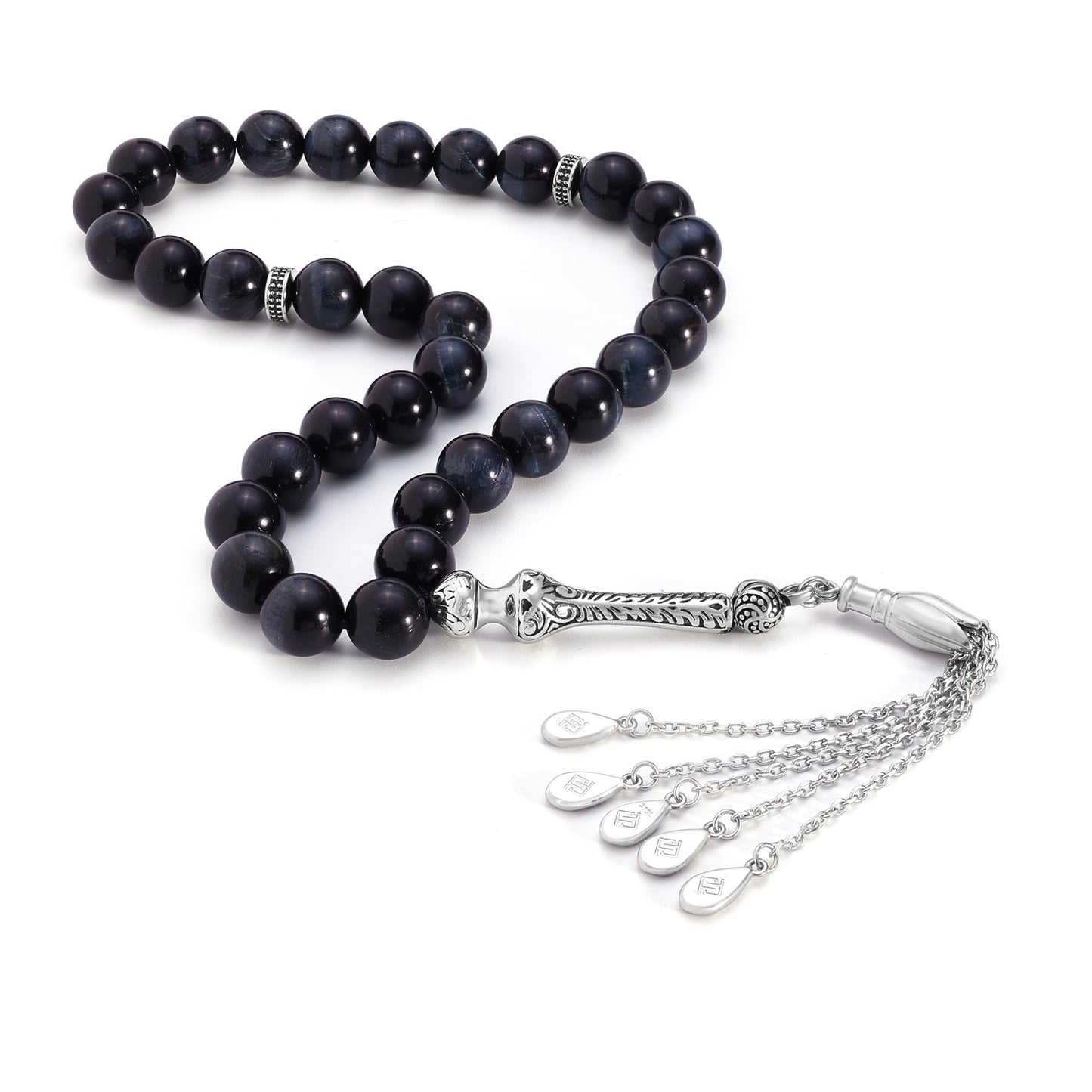 Blue Tiger Eye Rosary 33 Round Bead 10 MM Whit Stainless Steel 316L Set (Silver & Black Plated)