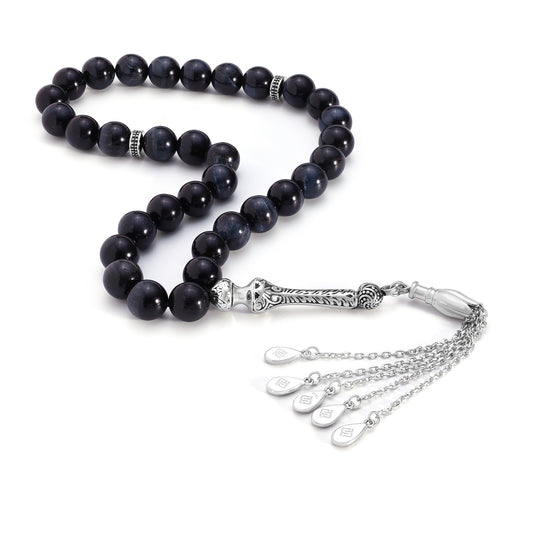 Blue Tiger Eye Rosary 33 Round Bead 10 MM Whit Stainless Steel 316L Set (Silver & Black Plated)
