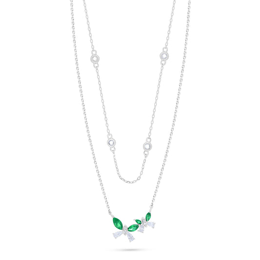 Sterling Silver 925 Necklace Rhodium Plated Embedded With Emerald Zircon And White Zircon