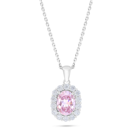 Sterling Silver 925 Necklace Rhodium Plated Embedded With Pink Zircon And White Zircon