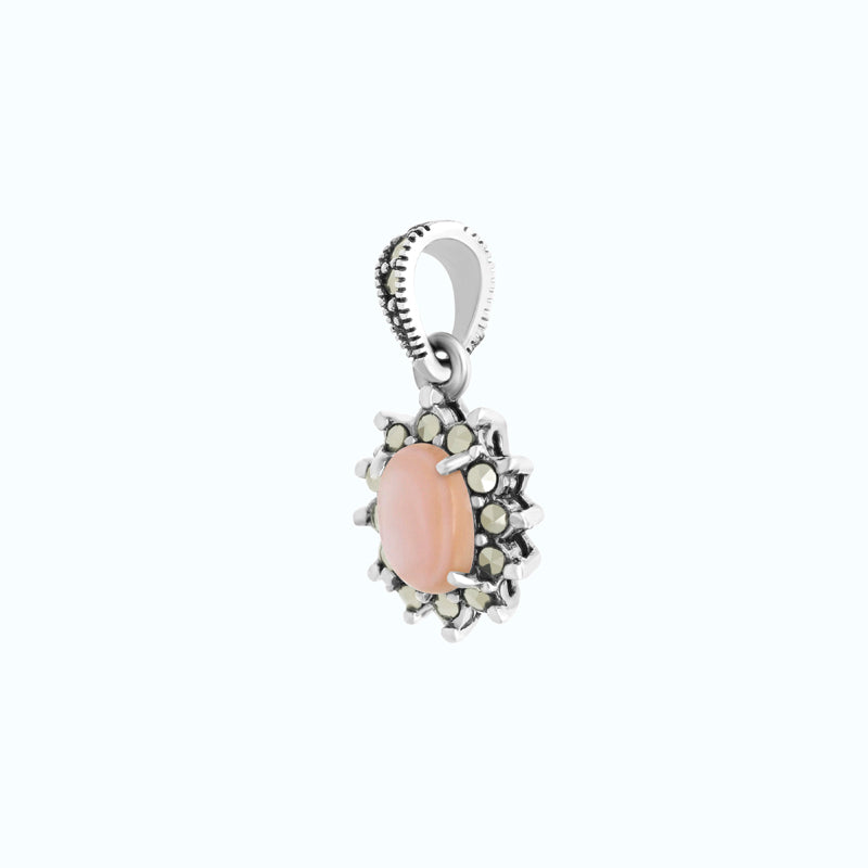 Sterling Silver 925 Pendant Embedded With Natural Pink Shell And Marcasite Stones