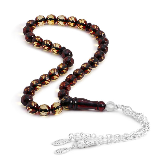 Rosary 33 Embedded With Natural Green Amber Round Faceted Beads 8-9 mm And Stainless Steel 316L (Silver & Black Plated)