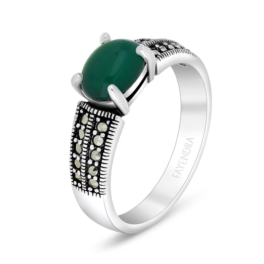 Sterling Silver 925 Ring Embedded With Natural Green Agate And Marcasite Stones