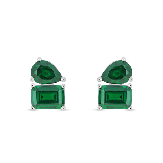 Sterling Silver 925 Earring Rhodium Plated Embedded With Emerald Zircon