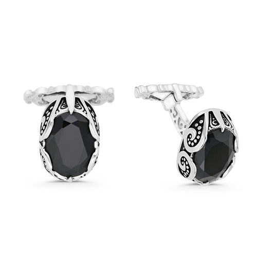 Sterling Silver 925 Cufflink Rhodium And Black Plated Embedded With Onyx Spinal Stone