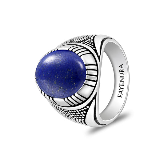 Sterling Silver 925 Ring Rhodium And Black Plated Embedded With Cabochon Lapis For Men
