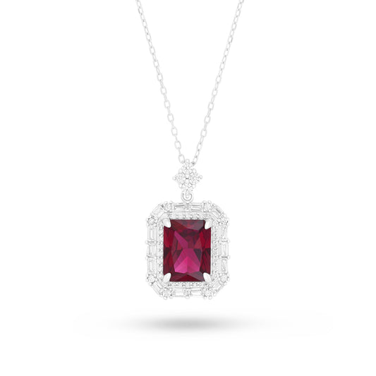 Sterling Silver 925 Necklace Rhodium Plated Embedded With Ruby Corundum And White Zircon