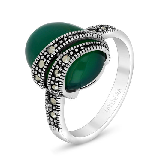 Sterling Silver 925 Ring Embedded With Natural Green Agate And Marcasite Stones