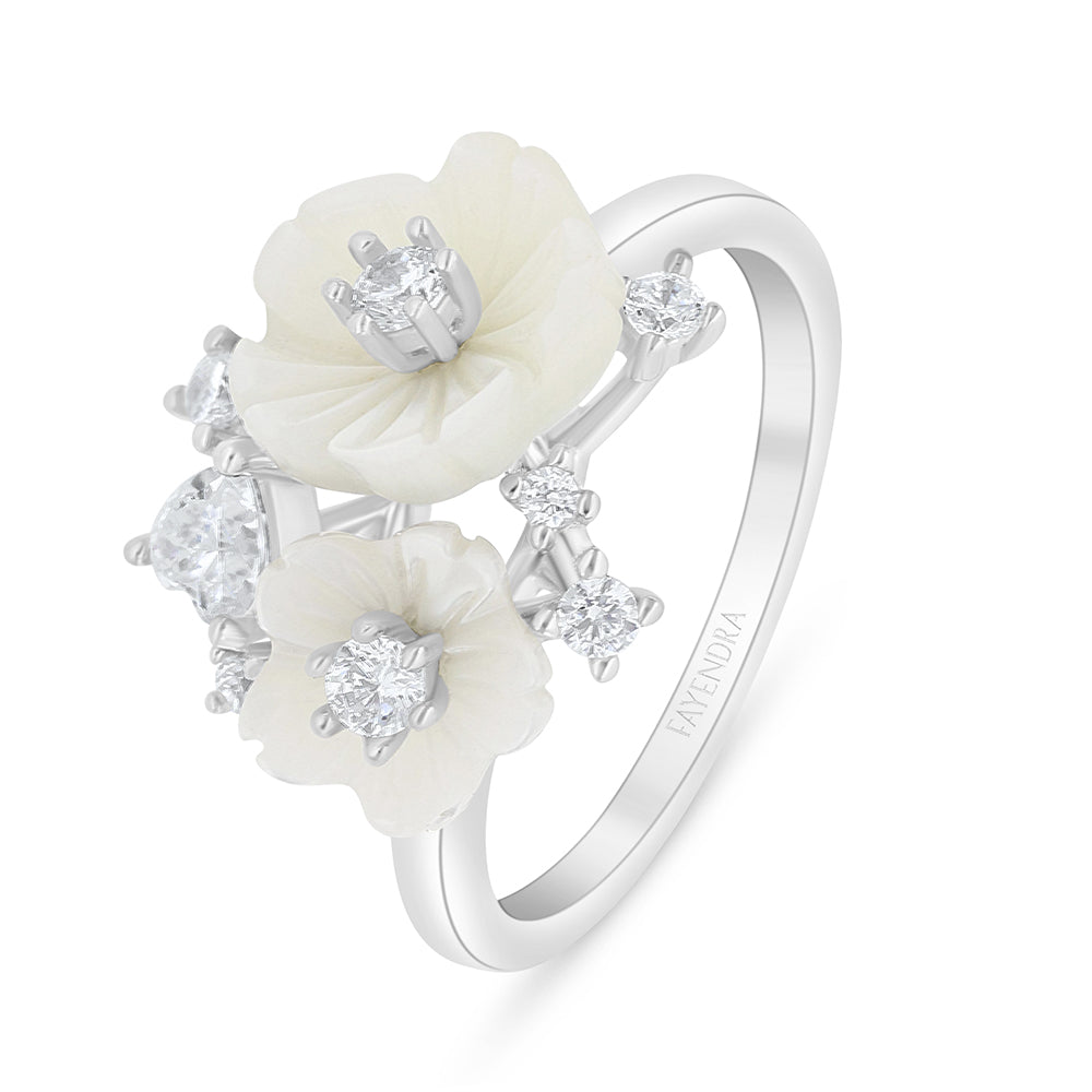 Sterling Silver 925 Ring Rhodium Plated Embedded With white Shell And White Zircon