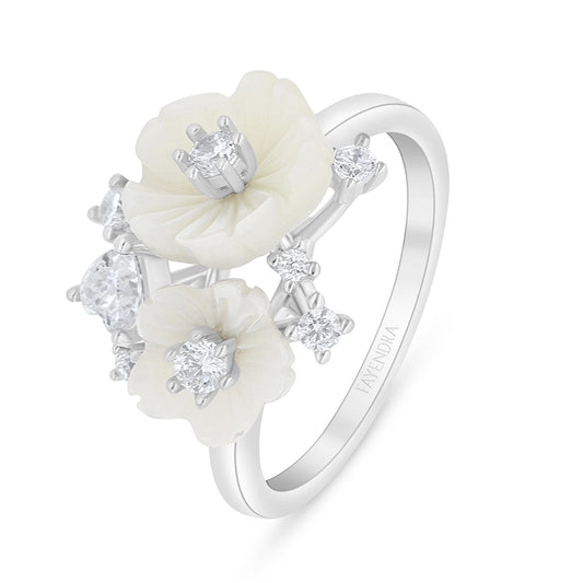 Sterling Silver 925 Ring Rhodium Plated Embedded With white Shell And White Zircon
