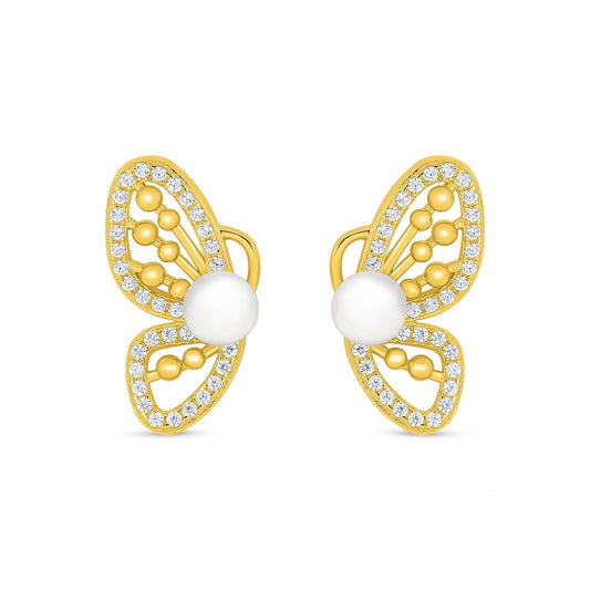 Sterling Silver 925 Earring Golden Plated Embedded With Natural White Pearl And White Zircon