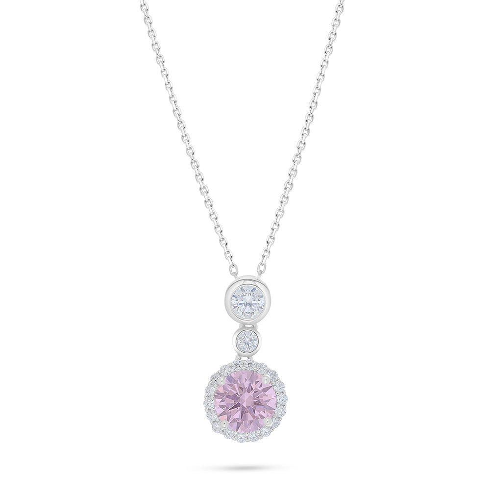 Sterling Silver 925 Necklace Rhodium Plated Embedded With pink Zircon And White Zircon