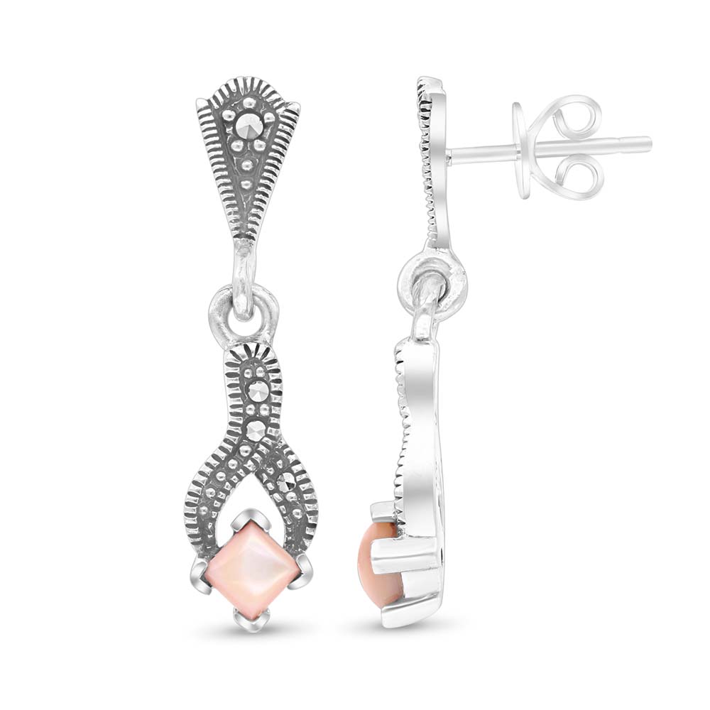 Sterling Silver 925 Earring Embedded With Natural Pink Shell And Marcasite Stones