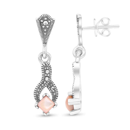 Sterling Silver 925 Earring Embedded With Natural Pink Shell And Marcasite Stones