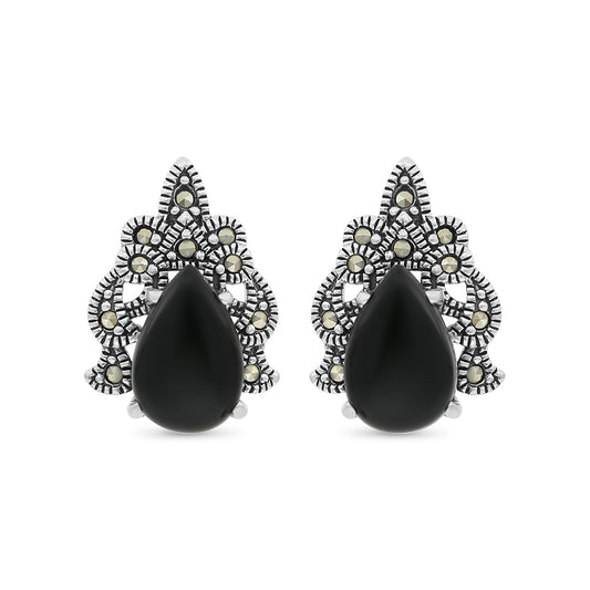 Sterling Silver 925 Earring Embedded With Natural Black Agate And Marcasite Stones