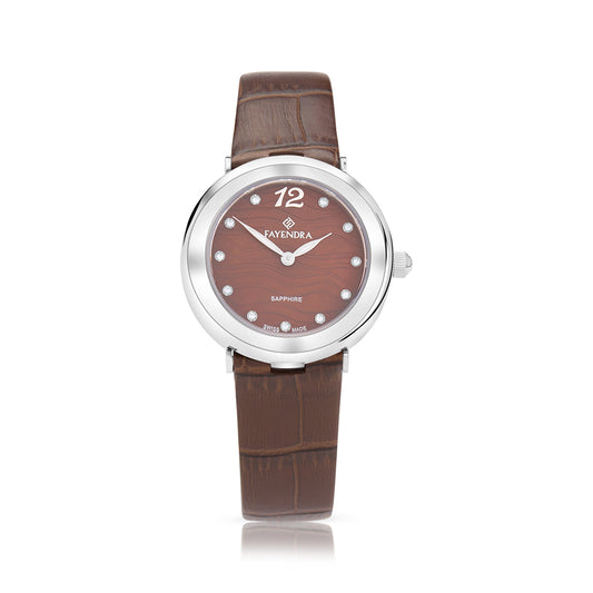 Stainless Steel 316L Watch Silver Color Brown Leather And White Zircon - BROWN MOP DIAL