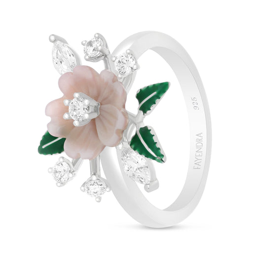 Sterling Silver 925 Ring Rhodium Plated Embedded With Pink Shell And White Zircon