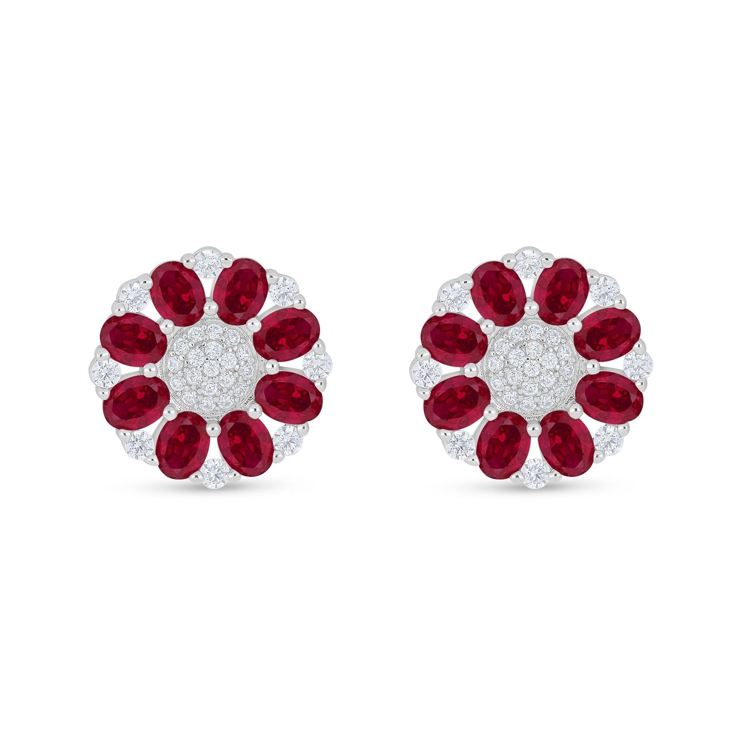 Sterling Silver 925 Earring Rhodium Plated Embedded With Ruby Corundum And White Zircon