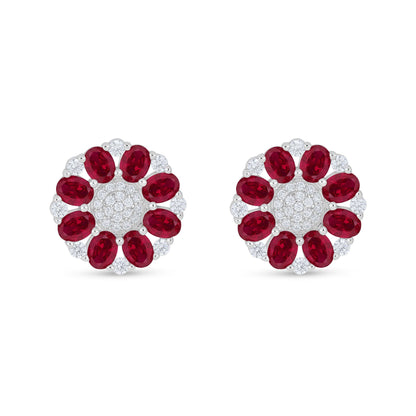 Sterling Silver 925 Earring Rhodium Plated Embedded With Ruby Corundum And White Zircon