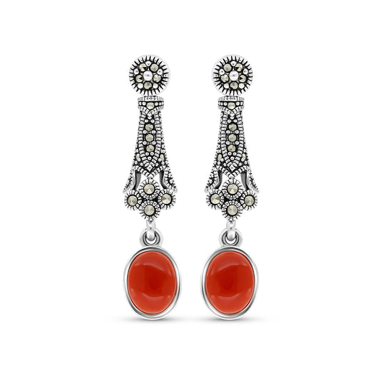 Sterling Silver 925 Earring Embedded With Natural Aqiq And Marcasite Stones