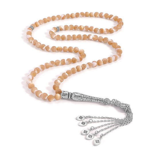 سبحة 100 احجار صدف ابيض كراميل بيلية 6 مل طقم ستانلس ستيل عيار 316L مطلى فضي واسود