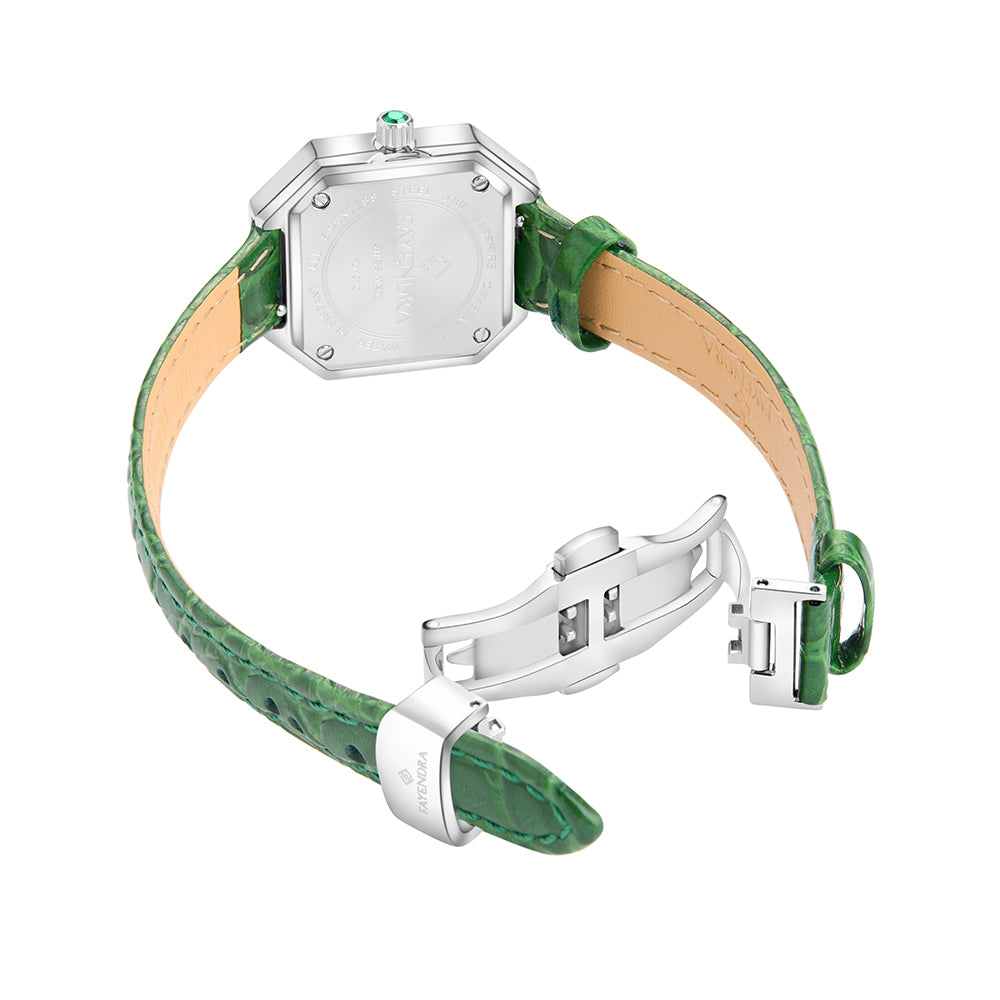 Stainless Steel 316L Watch Silver Color Green Leather Embedded With Emerald Zircon And White Zircon - GREEN MOP DIAL