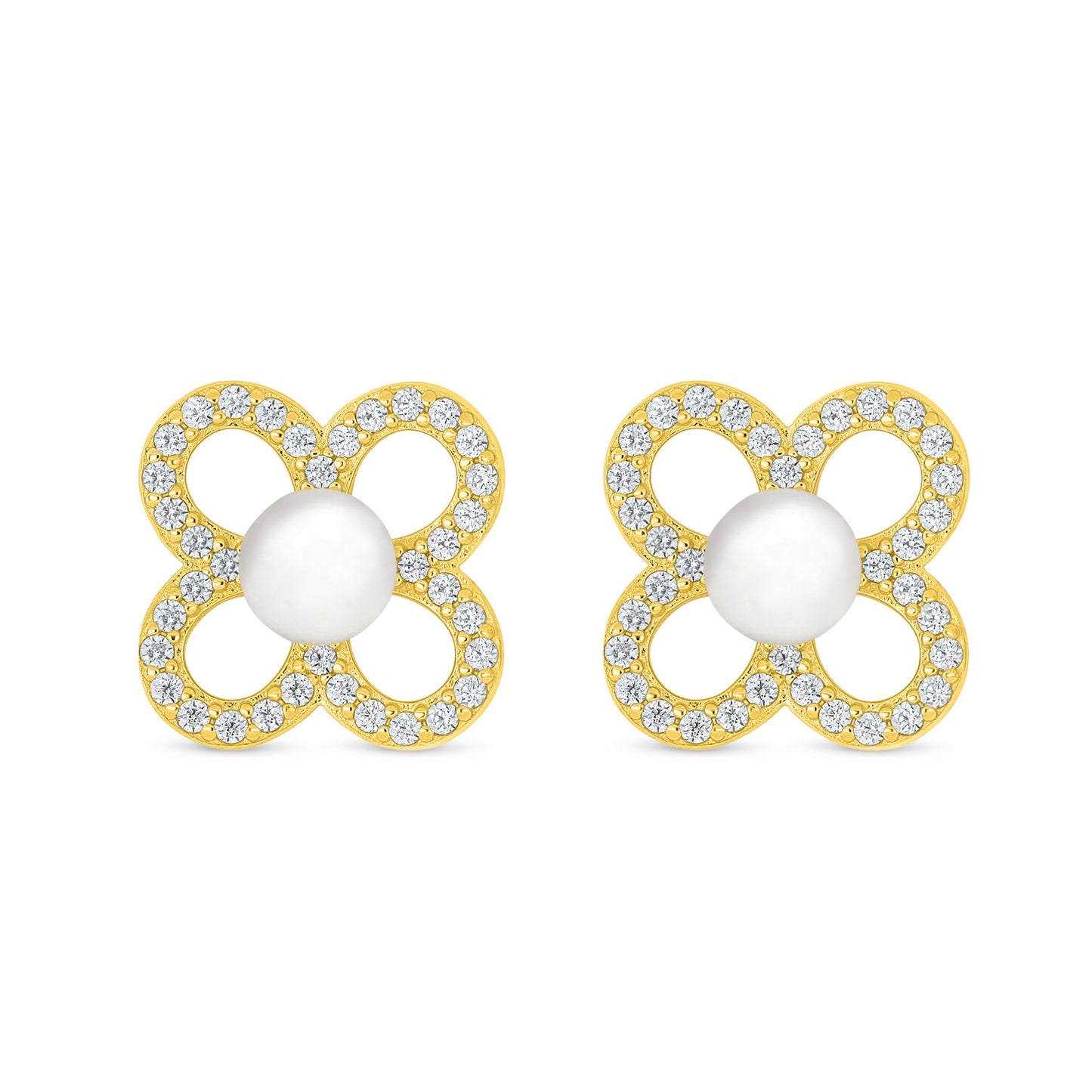 Sterling Silver 925 Earring Golden Plated Embedded With Natural White Pearl And White Zircon