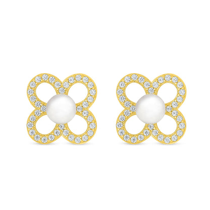 Sterling Silver 925 Earring Golden Plated Embedded With Natural White Pearl And White Zircon