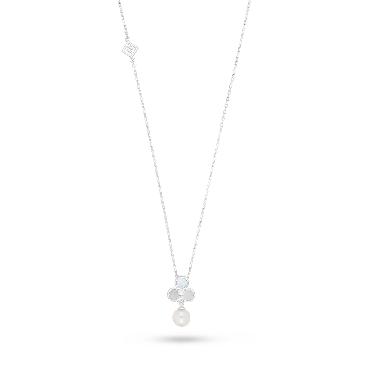 Sterling Silver 925 Necklace Rhodium Plated Embedded With Natural White Pearl, White Shell And White Zircon