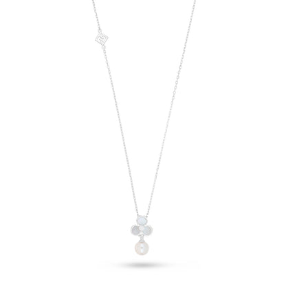 Sterling Silver 925 Necklace Rhodium Plated Embedded With Natural White Pearl, White Shell And White Zircon