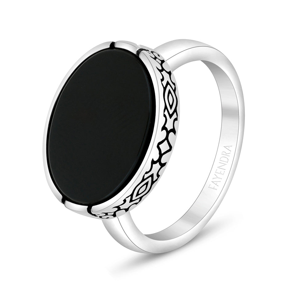 Sterling Silver 925 Ring Rhodium And Black Plated Embedded With Black Agate For Men