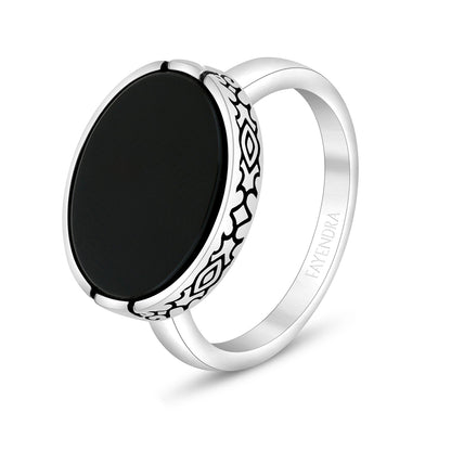 Sterling Silver 925 Ring Rhodium And Black Plated Embedded With Black Agate For Men
