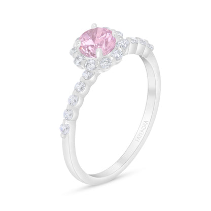 Sterling Silver 925 Ring Rhodium Plated Embedded With Pink Zircon And White Zircon
