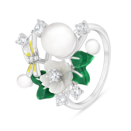 Sterling Silver 925 Ring Rhodium Plated Embedded With Natural White Pearl And White Shell And White Zircon