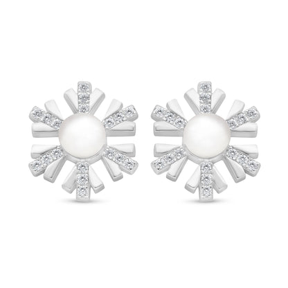 Sterling Silver 925 Earring Rhodium Plated Embedded With Natural White Pearl And White Zircon
