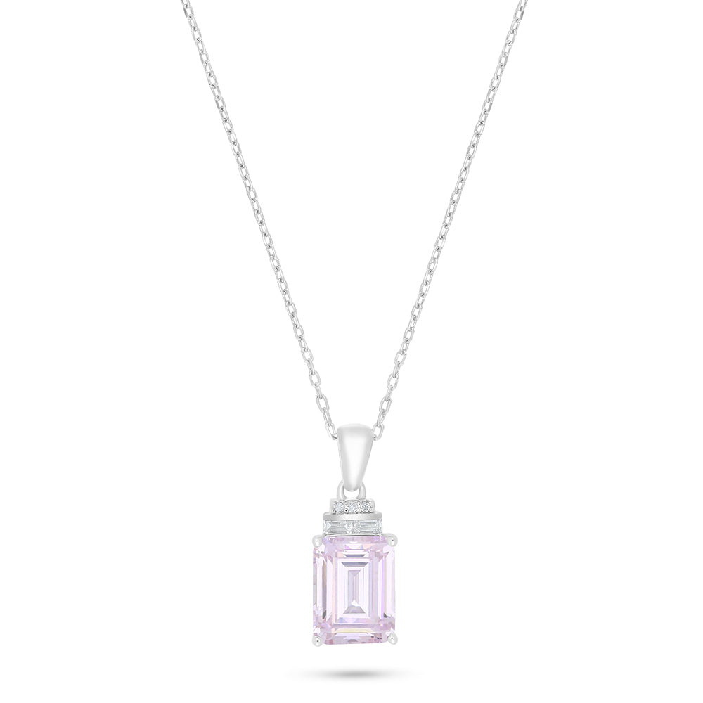Sterling Silver 925 Necklace Rhodium Plated Embedded With Pink Zircon And White Zircon